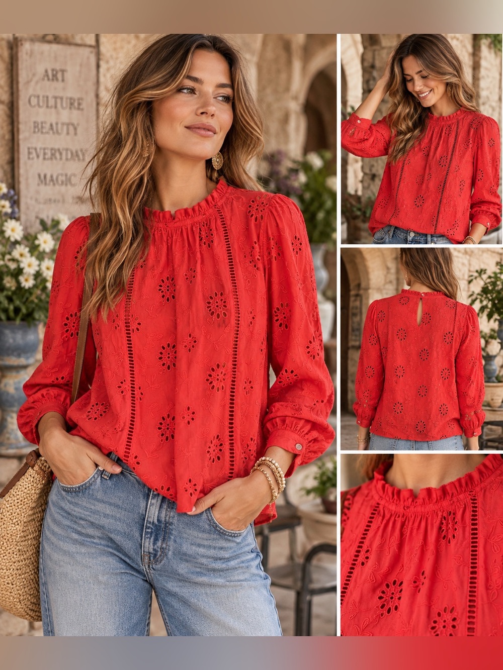 Nicole Miller Artelier Long Sleeve High Neck Eyelet Blouse Size Large